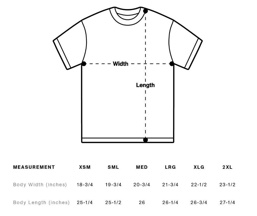 Size chart diagram showing width and length measurement points